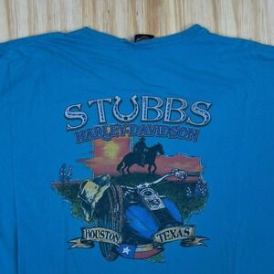 Harley Davidson T Shirt Mens 2XL Blue Stubbs Houston Texas Graphic Worn Paint